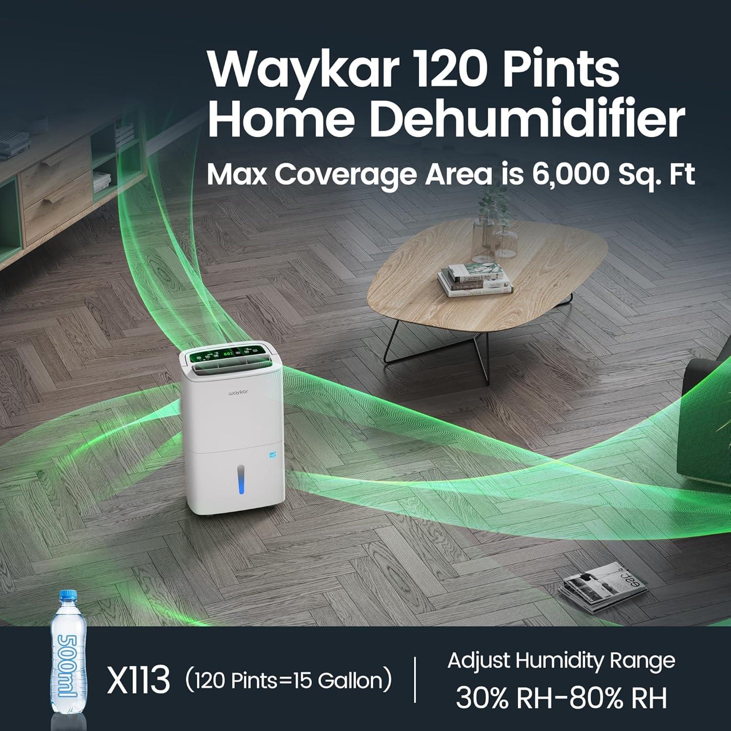image:imageWaykar 120 Pints 2025 Energy Star Home Dehumidifier for Spaces up to 6000 Sq Ft Ideal for Basement Bathroom and Large Room with Drain Hose Portable Auto Defrost and SelfDrying120 Pints 6000 Sq Ft
