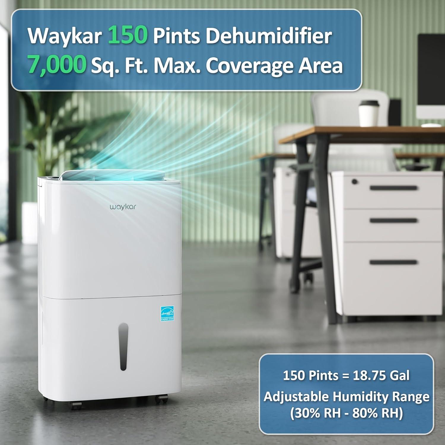 image:imageWaykar 120 Pints 2025 Energy Star Home Dehumidifier for Spaces up to 6000 Sq Ft Ideal for Basement Bathroom and Large Room with Drain Hose Portable Auto Defrost and SelfDrying150 Pints 7000 Sq Ft with Pump