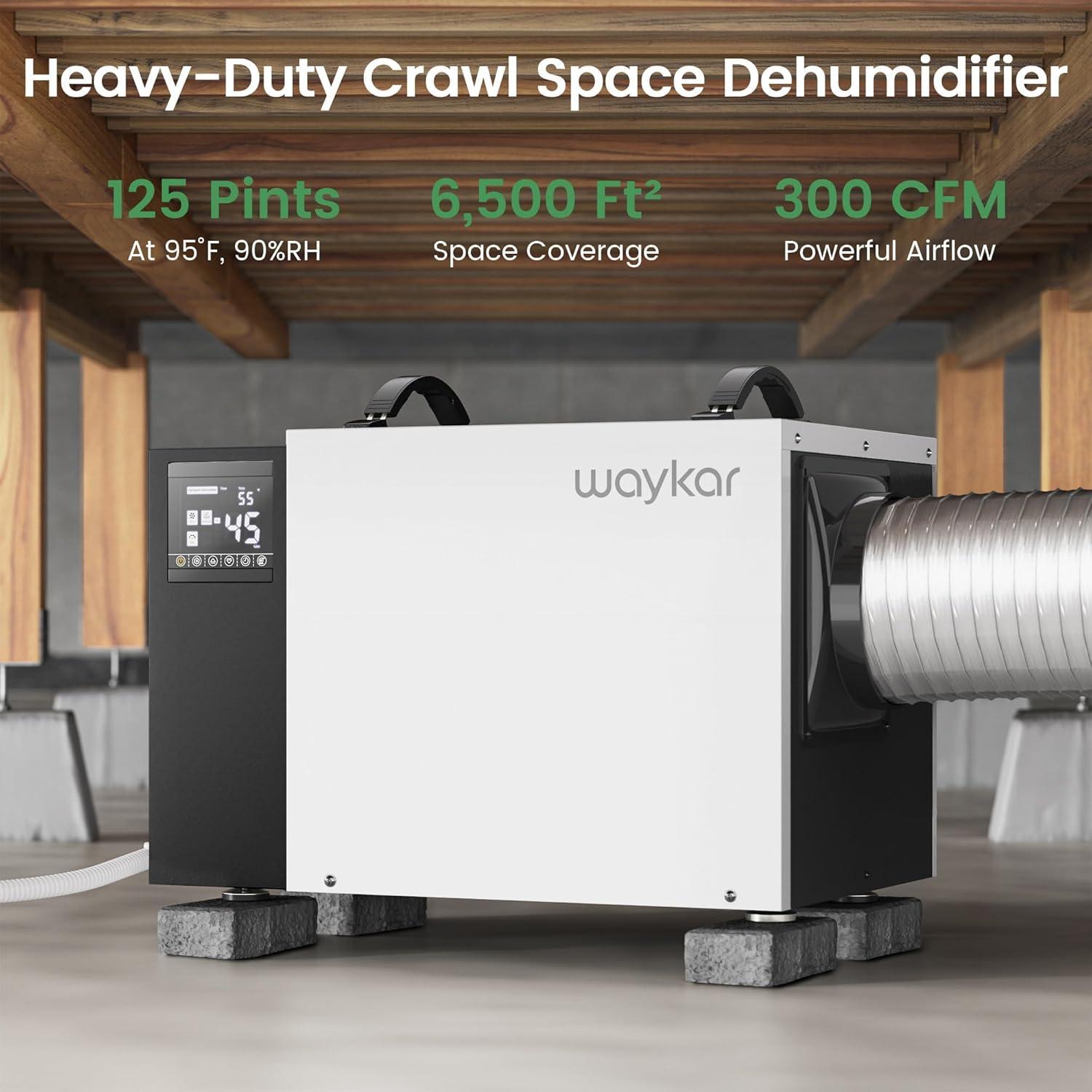 image:imageWaykar 125 Pint Crawl Space Dehumidifier with Drain Hose for Commercial Basements and Industry Water Damage Unit for Spaces up to 6500 Square Feet Smart Humidity Control 5Year Quality Coverage