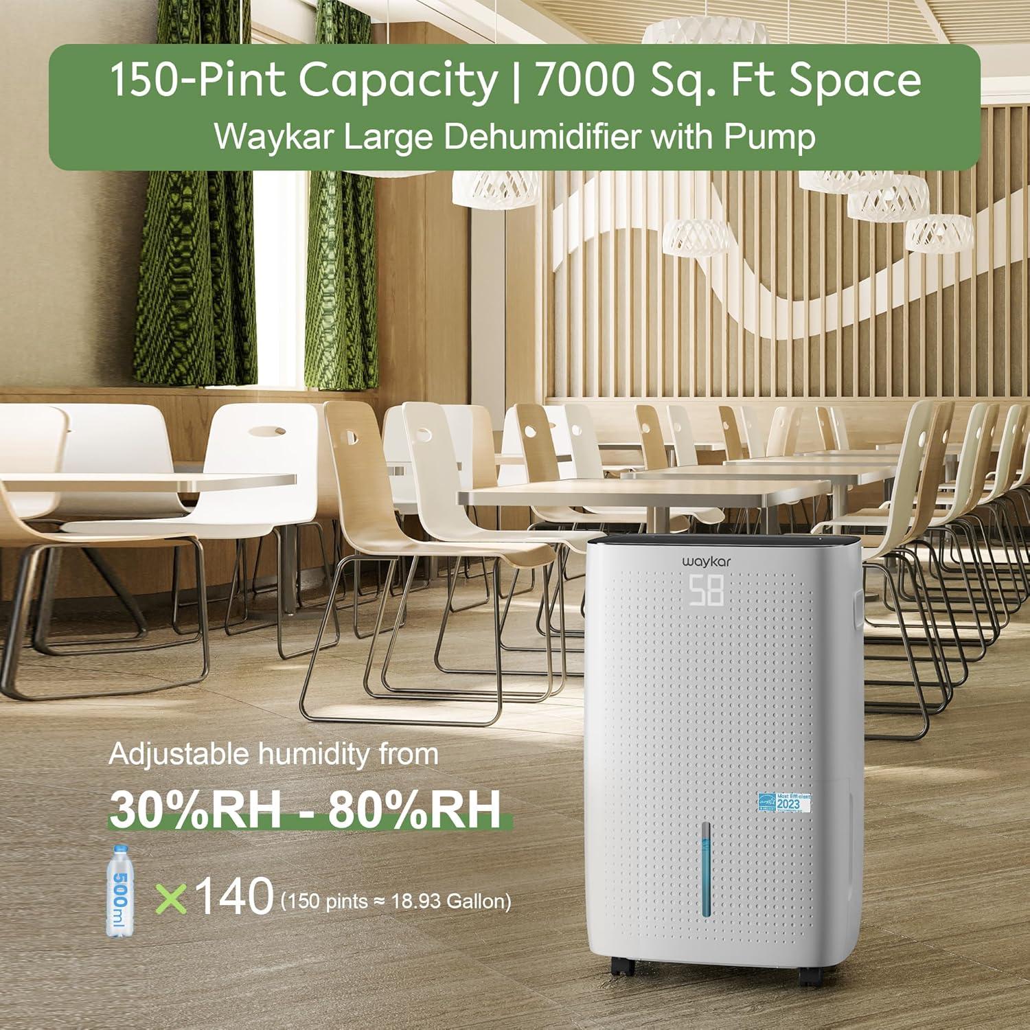 image:imageWaykar 150 Pints 7000 Sq Ft Energy Star Dehumidifier with Pump for Commercial and Industrial Large Room Basement Home Storage Warehouse with Drain Hose and Water Tank150 Pints with Pump 7000 Sq Ft