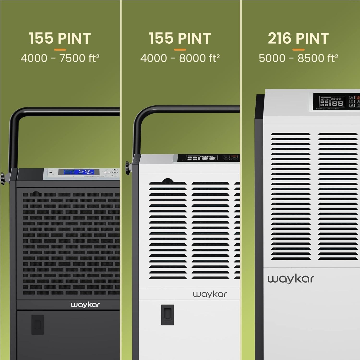 image:imageWaykar 155 Pints Large Commercial Dehumidifier with Drain Hose and Water Tank Industrial Dehumidifier in Large Space up to 8000 Sq Ft for Home Basements Whole House Library155 Pints 8000 Sq Ft