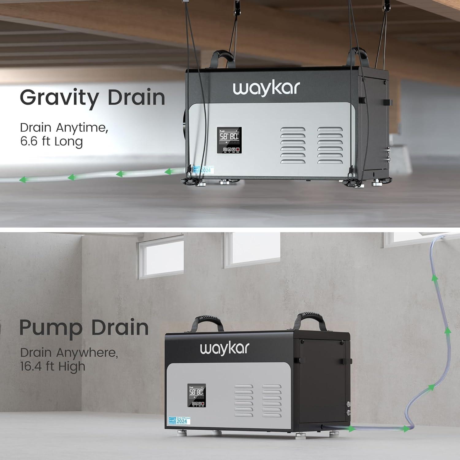 image:imageWaykar 158 Pints Crawl Space Dehumidifier with Remote Control up to 6500 sq ft Dual Duct HVAC Commercial WholeHouse Dehumidifier for Basement Industry Water Damage Unit 5Year Quality Coverage130 Pints with Pump 7500 Sq Ft