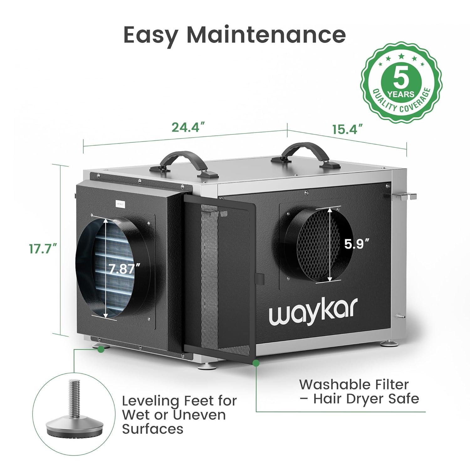 image:imageWaykar 158 Pints Crawl Space Dehumidifier with Remote Control up to 6500 sq ft Dual Duct HVAC Commercial WholeHouse Dehumidifier for Basement Industry Water Damage Unit 5Year Quality Coverage158 Pints with Pump 7500 Sq Ft