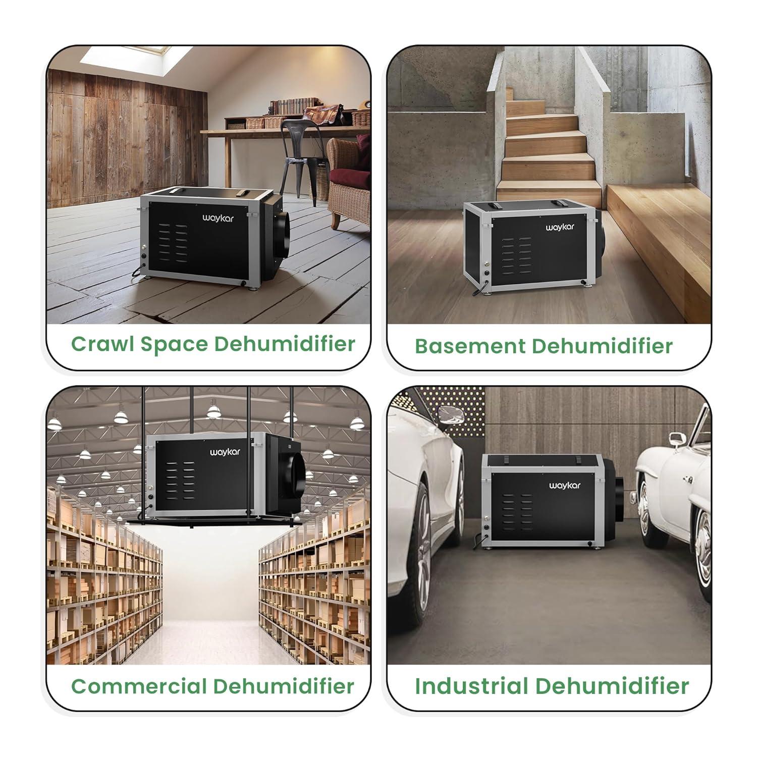 image:imageWaykar 158 Pints Crawl Space Dehumidifier with Remote Control up to 6500 sq ft Dual Duct HVAC Commercial WholeHouse Dehumidifier for Basement Industry Water Damage Unit 5Year Quality Coverage158 Pints 6500 Sq Ft