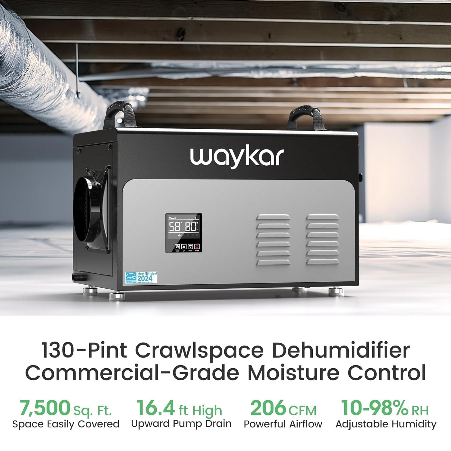 image:imageWaykar 158 Pints Crawl Space Dehumidifier with Remote Control up to 6500 sq ft Dual Duct HVAC Commercial WholeHouse Dehumidifier for Basement Industry Water Damage Unit 5Year Quality Coverage130 Pints with Pump 7500 Sq Ft