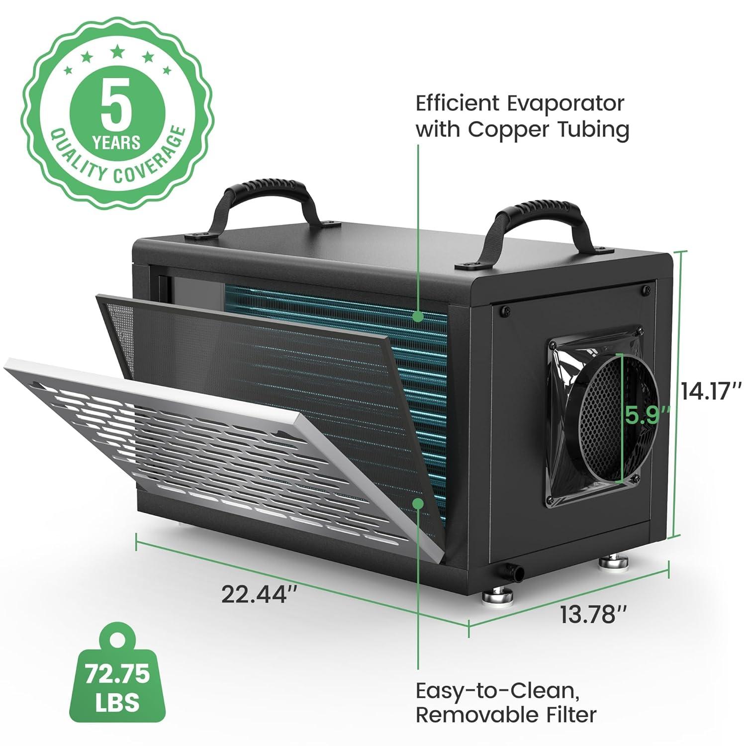 image:imageWaykar 158 Pints Crawl Space Dehumidifier with Remote Control up to 6500 sq ft Dual Duct HVAC Commercial WholeHouse Dehumidifier for Basement Industry Water Damage Unit 5Year Quality Coverage130 Pints with Pump 7500 Sq Ft
