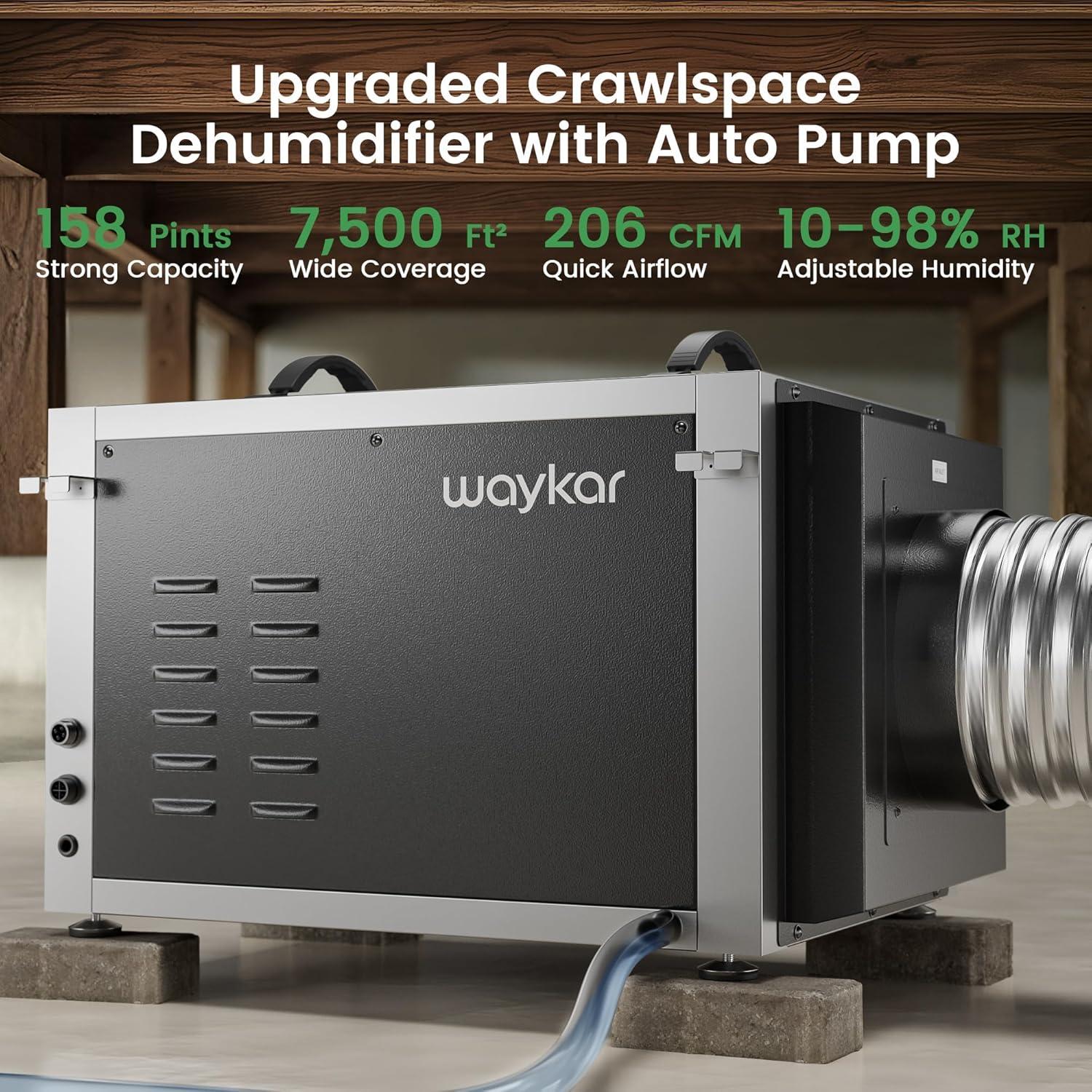 image:imageWaykar 158 Pints Crawl Space Dehumidifier with Remote Control up to 6500 sq ft Dual Duct HVAC Commercial WholeHouse Dehumidifier for Basement Industry Water Damage Unit 5Year Quality Coverage158 Pints with Pump 7500 Sq Ft