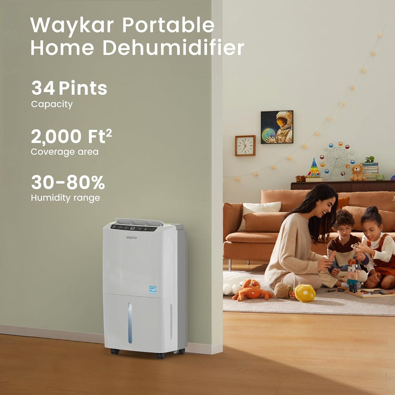 image:imageWaykar 2000 Sq Ft 34 Pints 2025 Most Efficient Energy Star Dehumidifier for Home and Basement with Auto or Manual Drainage Quiet 33dB Operation 062 Gallon Water Tank Capacity34 Pints 2000 Sq Ft