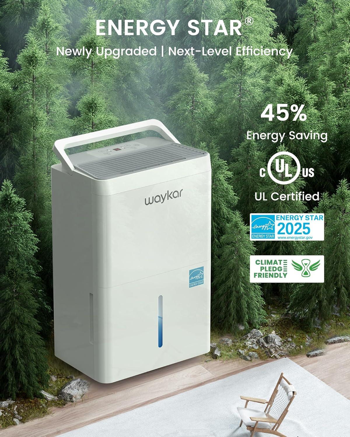 image:imageWaykar 5000 SqFt 2025 Energy Star Dehumidifier for Home Basement Bedroom Bathroom Max 80 PintDStandard 63 PintD with Drain HoseampWater Tank Ultra Quiet40 dB Intelligent Humidity Adjustment150 Pints with Pump