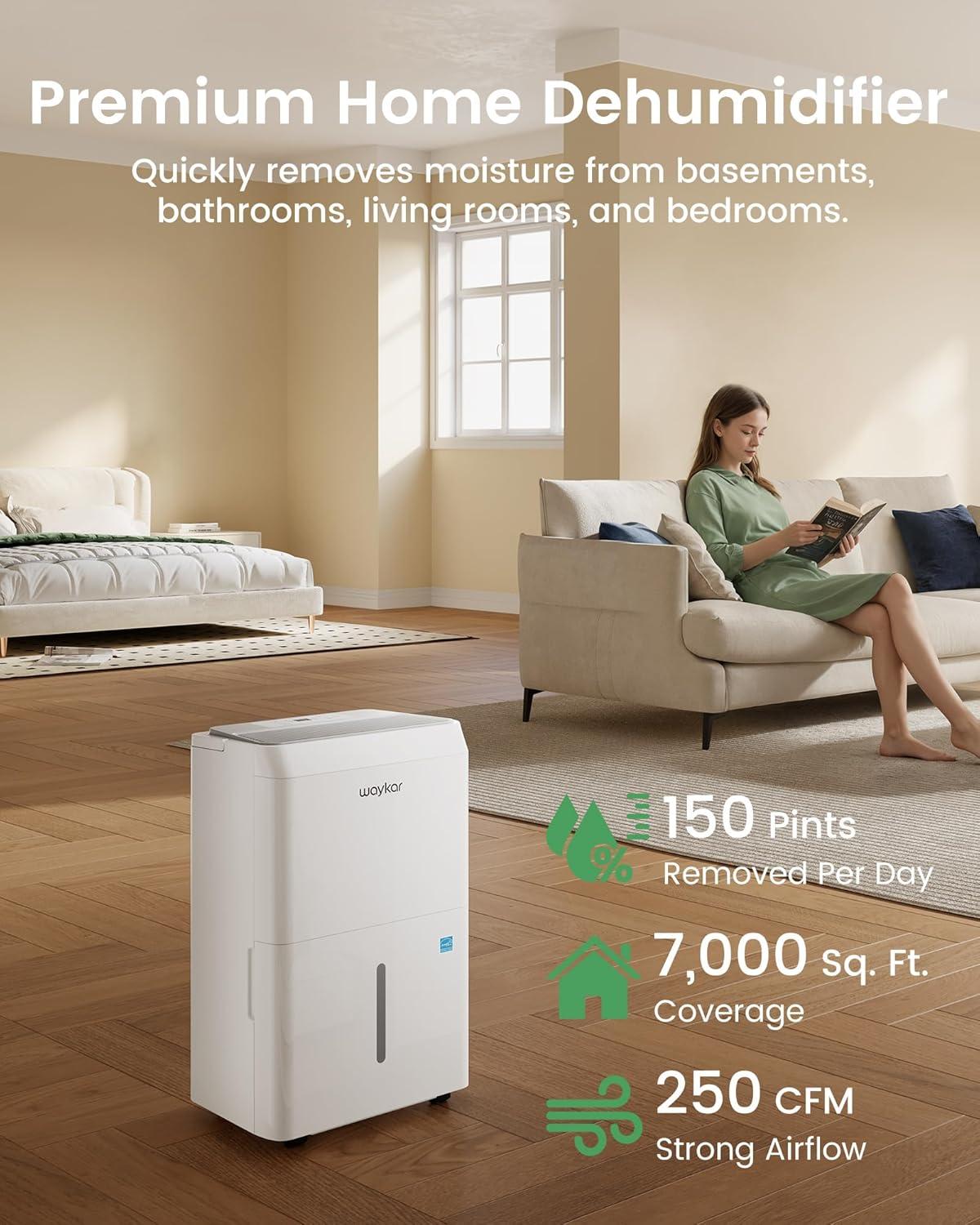 image:imageWaykar 5000 SqFt 2025 Energy Star Dehumidifier for Home Basement Bedroom Bathroom Max 80 PintDStandard 63 PintD with Drain HoseampWater Tank Ultra Quiet40 dB Intelligent Humidity Adjustment150 Pints with Pump