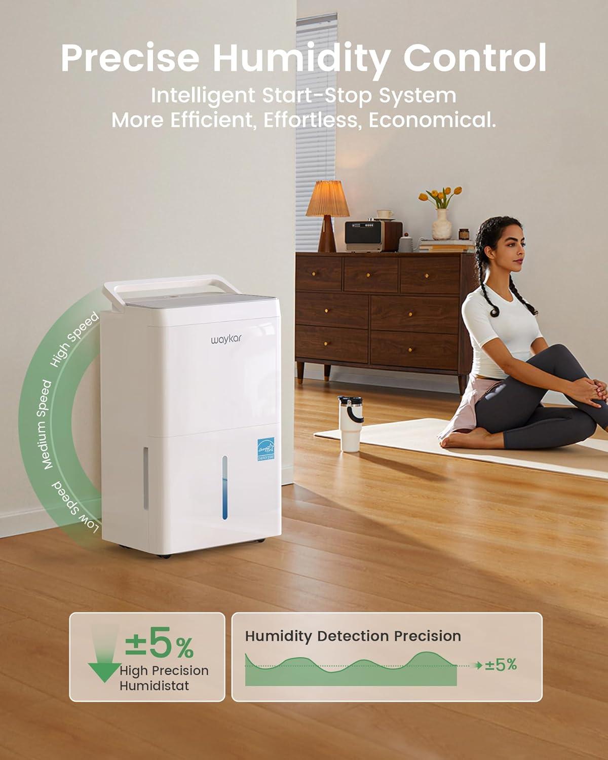 image:imageWaykar 5000 SqFt 2025 Energy Star Dehumidifier for Home Basement Bedroom Bathroom Max 80 PintDStandard 63 PintD with Drain HoseampWater Tank Ultra Quiet40 dB Intelligent Humidity Adjustment150 Pints with Pump