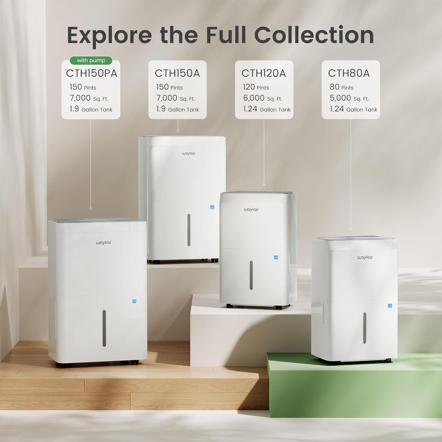 image:imageWaykar 5000 SqFt 2025 Energy Star Dehumidifier for Home Basement Bedroom Bathroom Max 80 PintDStandard 63 PintD with Drain HoseampWater Tank Ultra Quiet40 dB Intelligent Humidity Adjustment150 Pints with Pump