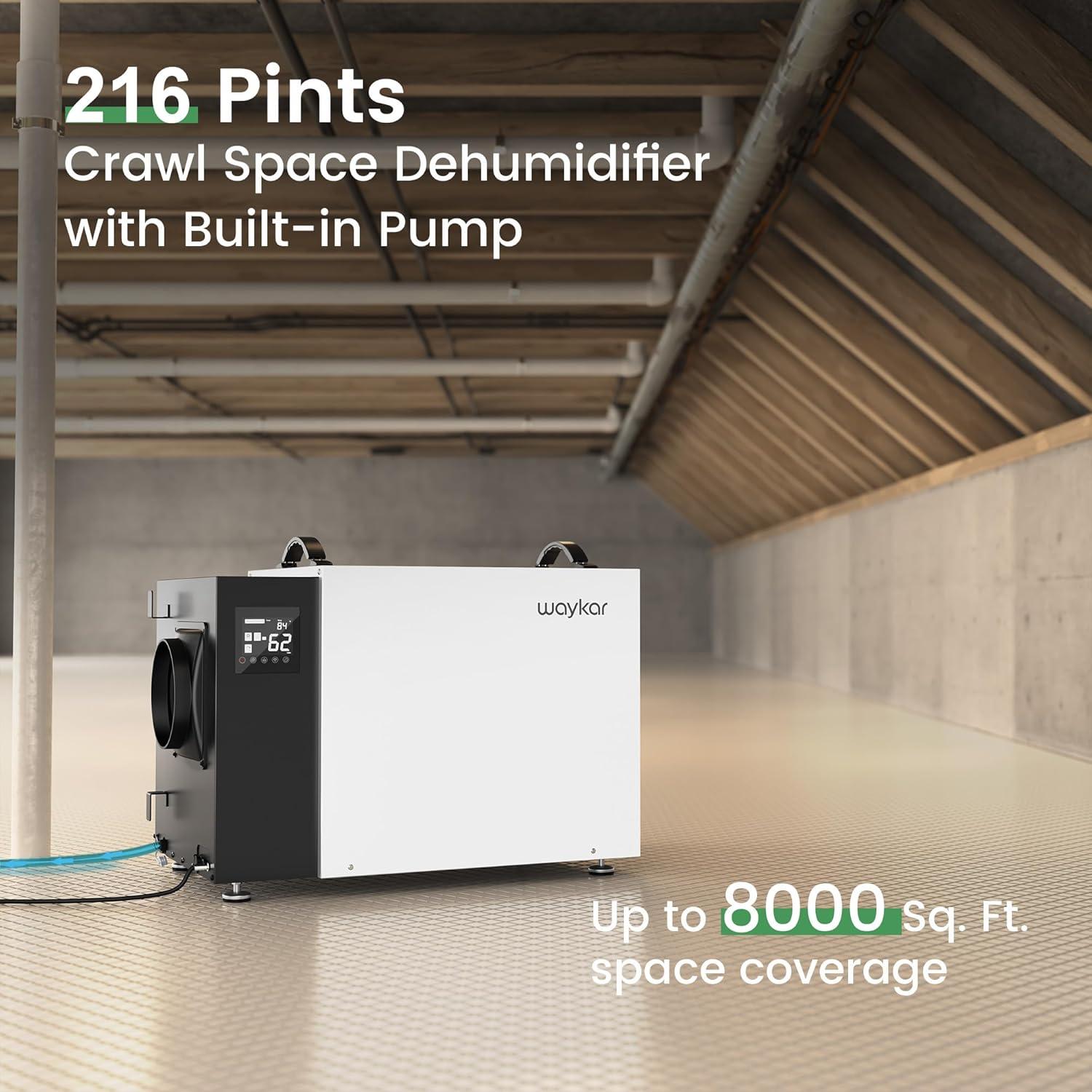 image:imageWaykar 70 Pint Energy Star Crawl Space Dehumidifier with Drain Hose Commercial Dehumidifier for Basements and Home for Spaces up to 5000 Square Feet Smart Humidity Control 5Year Quality Coverage216 Pints with Pump 8000 Sq Ft
