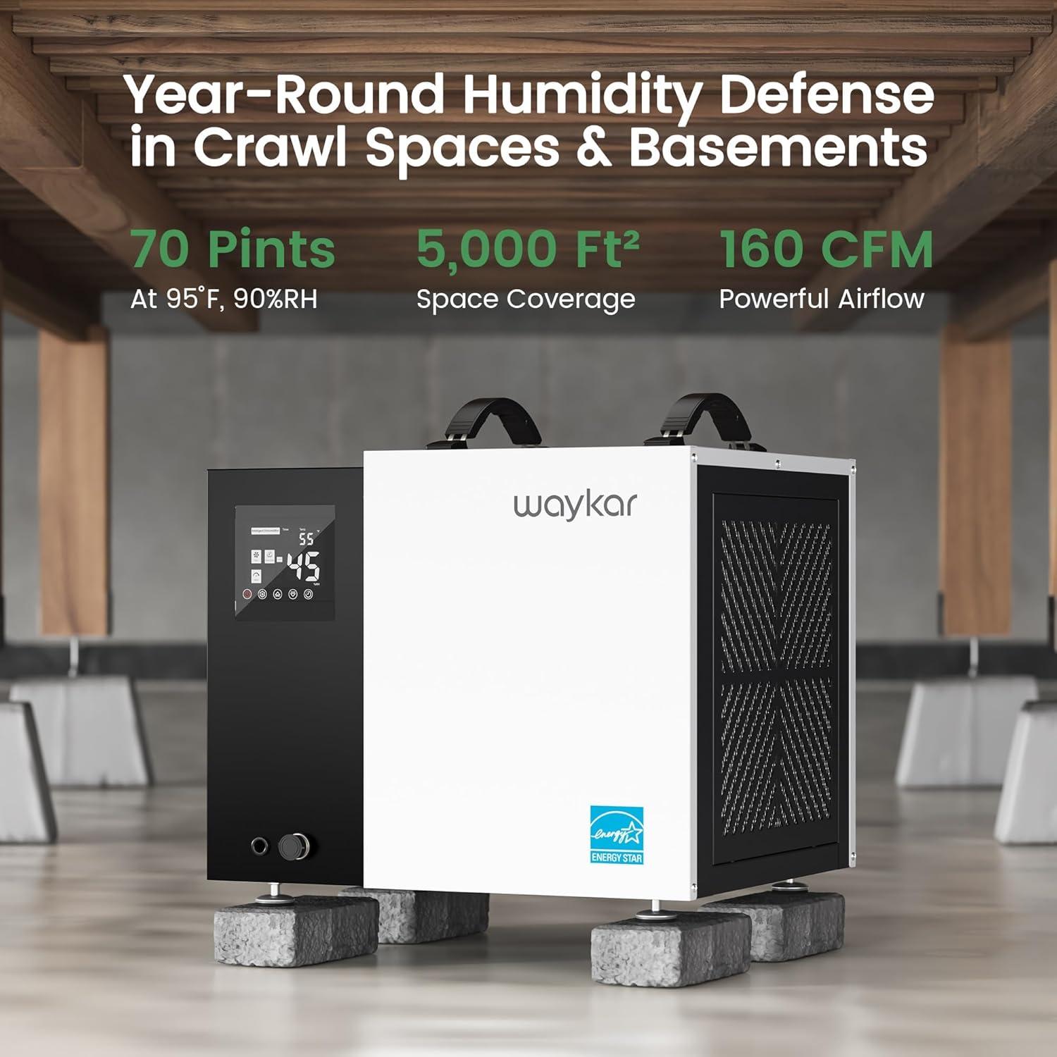 image:imageWaykar 70 Pint Energy Star Crawl Space Dehumidifier with Drain Hose Commercial Dehumidifier for Basements and Home for Spaces up to 5000 Square Feet Smart Humidity Control 5Year Quality Coverage70 Pints 5000 Sq Ft