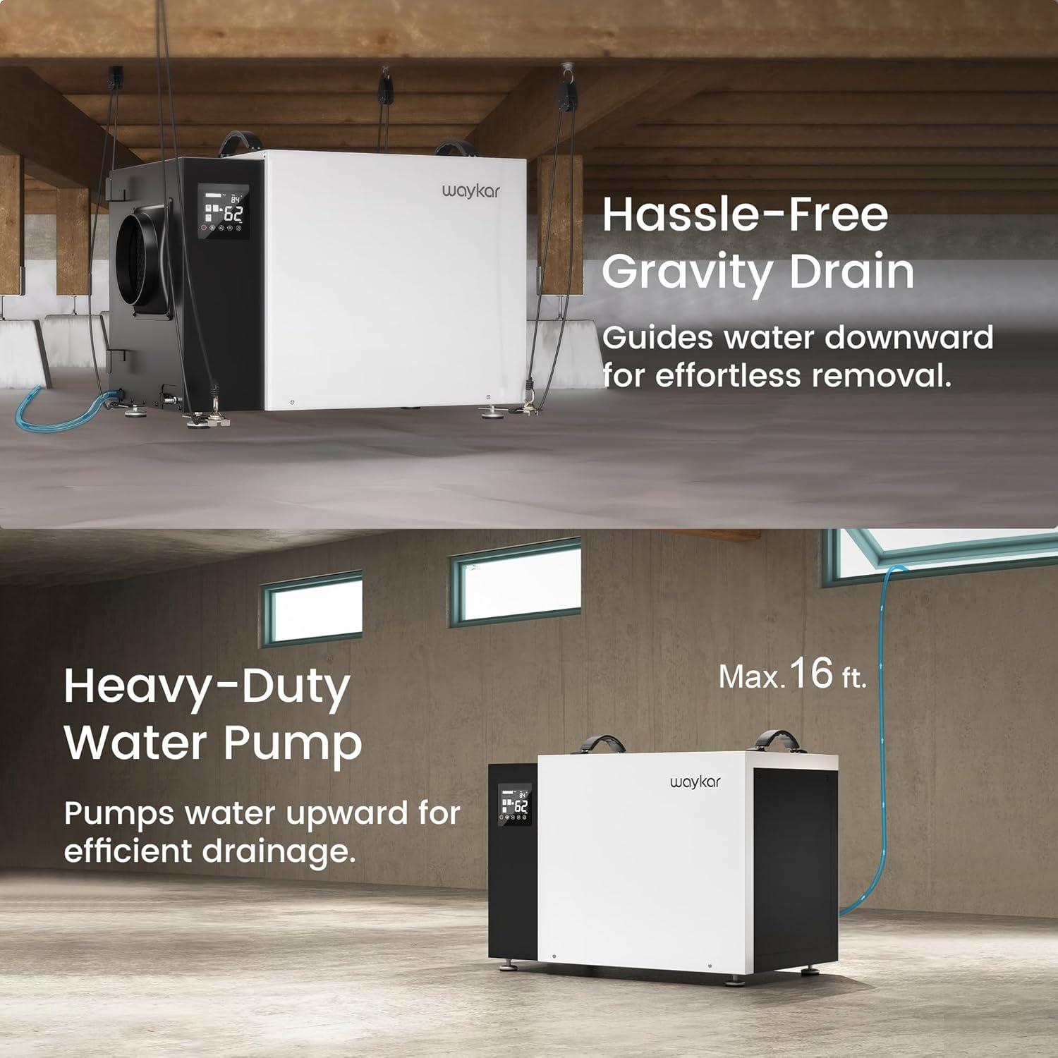 image:imageWaykar 70 Pint Energy Star Crawl Space Dehumidifier with Drain Hose Commercial Dehumidifier for Basements and Home for Spaces up to 5000 Square Feet Smart Humidity Control 5Year Quality Coverage216 Pints with Pump 8000 Sq Ft