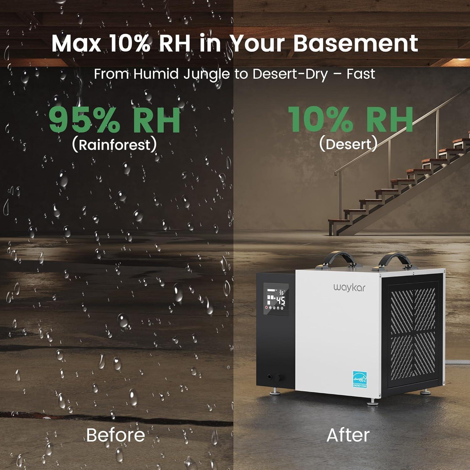 image:imageWaykar 70 Pint Energy Star Crawl Space Dehumidifier with Drain Hose Commercial Dehumidifier for Basements and Home for Spaces up to 5000 Square Feet Smart Humidity Control 5Year Quality Coverage70 Pints 5000 Sq Ft