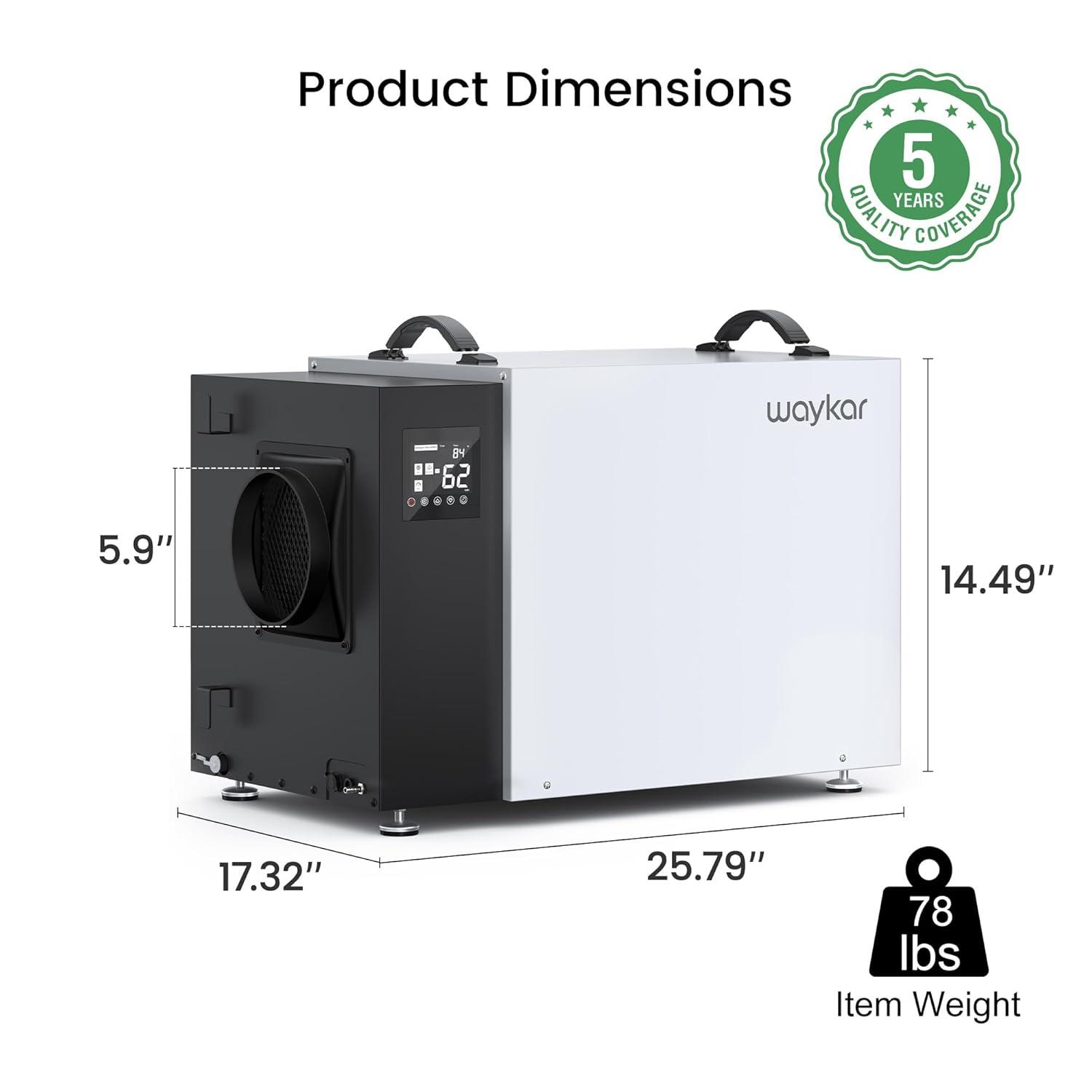 image:imageWaykar 70 Pint Energy Star Crawl Space Dehumidifier with Drain Hose Commercial Dehumidifier for Basements and Home for Spaces up to 5000 Square Feet Smart Humidity Control 5Year Quality Coverage216 Pints with Pump 8000 Sq Ft