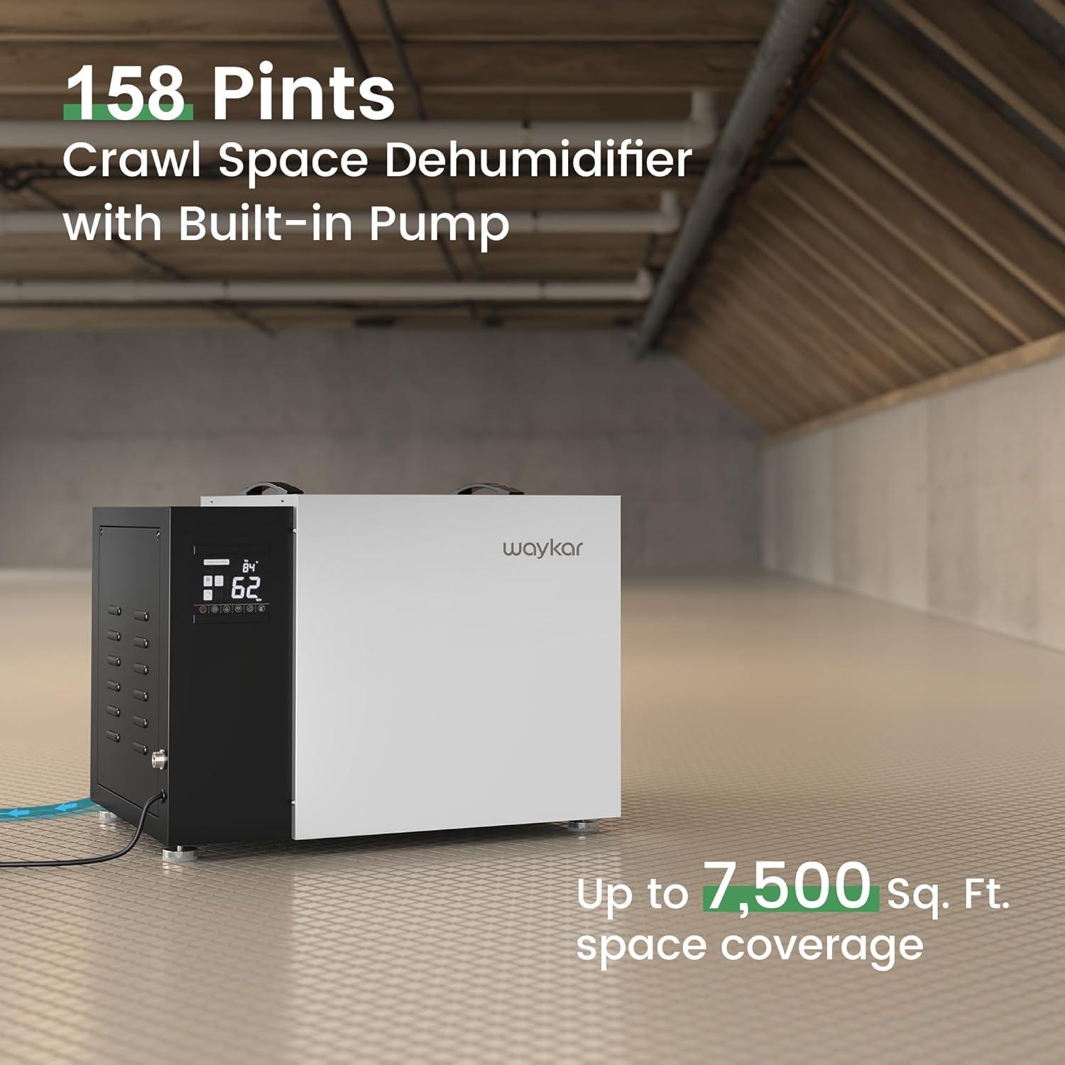 image:imageWaykar 70 Pint Energy Star Crawl Space Dehumidifier with Pump Commercial Dehumidifier for Basements and Home for Spaces up to 5000 Square Feet Smart Humidity Control 5Year Quality Coverage158 Pints with Pump 7500 Sq Ft