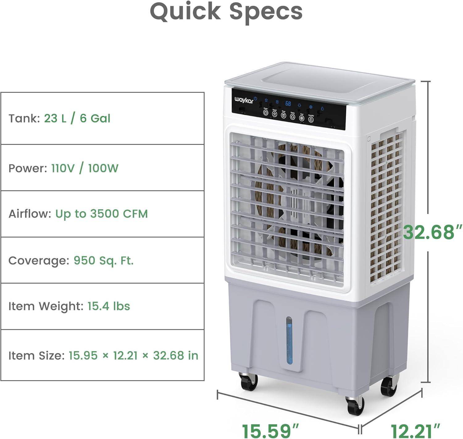 image:imageWaykar Swamp Cooler 3400 CFM Evaporative Air Cooler with 6 Gals Water Tank 950 SqFt