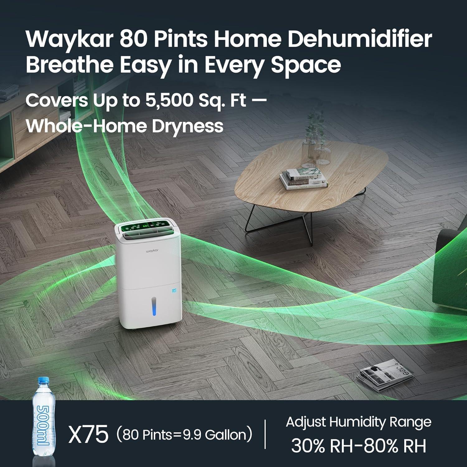image:imageWaykar 2000 Sq Ft 34 Pints 2025 Most Efficient Energy Star Dehumidifier for Basement amp Home with Auto or Manual Drainage Ultra Quiet 33dB 062Gallon Water Tank80 Pints 5500 Sq Ft