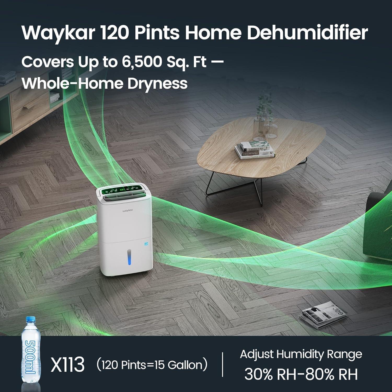 image:imageWaykar 2000 Sq Ft 34 Pints 2025 Most Efficient Energy Star Dehumidifier for Basement amp Home with Auto or Manual Drainage Ultra Quiet 33dB 062Gallon Water Tank120 Pints 6500 Sq Ft