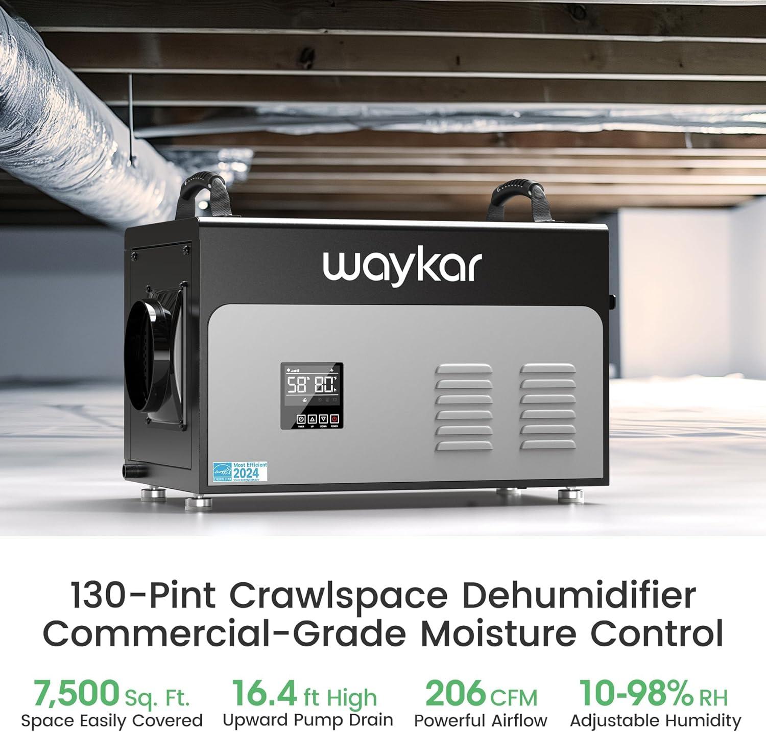 image:imageWaykar 125 Pints Crawl Space Dehumidifier with Remote Control and Pump Dual Duct HVAC Commercial WholeHouse Dehumidifier for Basement Industrial Water Damage Unit 5Year Quality Coverage7500 Sq Ft 130 Pints Pump