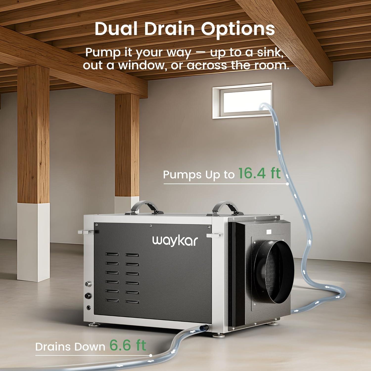 image:imageWaykar 125 Pints Crawl Space Dehumidifier with Remote Control and Pump Dual Duct HVAC Commercial WholeHouse Dehumidifier for Basement Industrial Water Damage Unit 5Year Quality Coverage7500 Sq Ft 158 Pints Pump