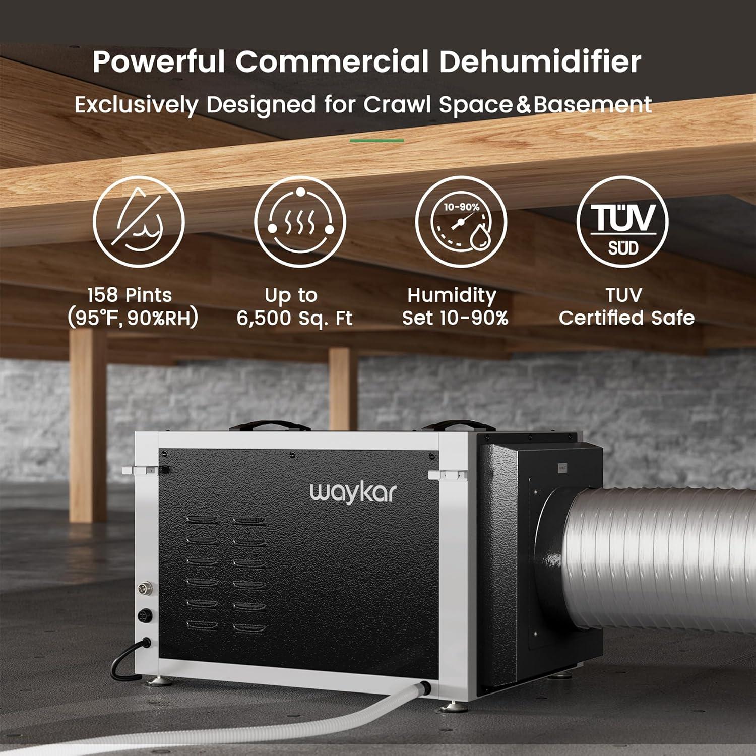 image:imageWaykar 125 Pints Crawl Space Dehumidifier with Remote Control and Pump Dual Duct HVAC Commercial WholeHouse Dehumidifier for Basement Industrial Water Damage Unit 5Year Quality Coverage7500 Sq Ft 158 Pints