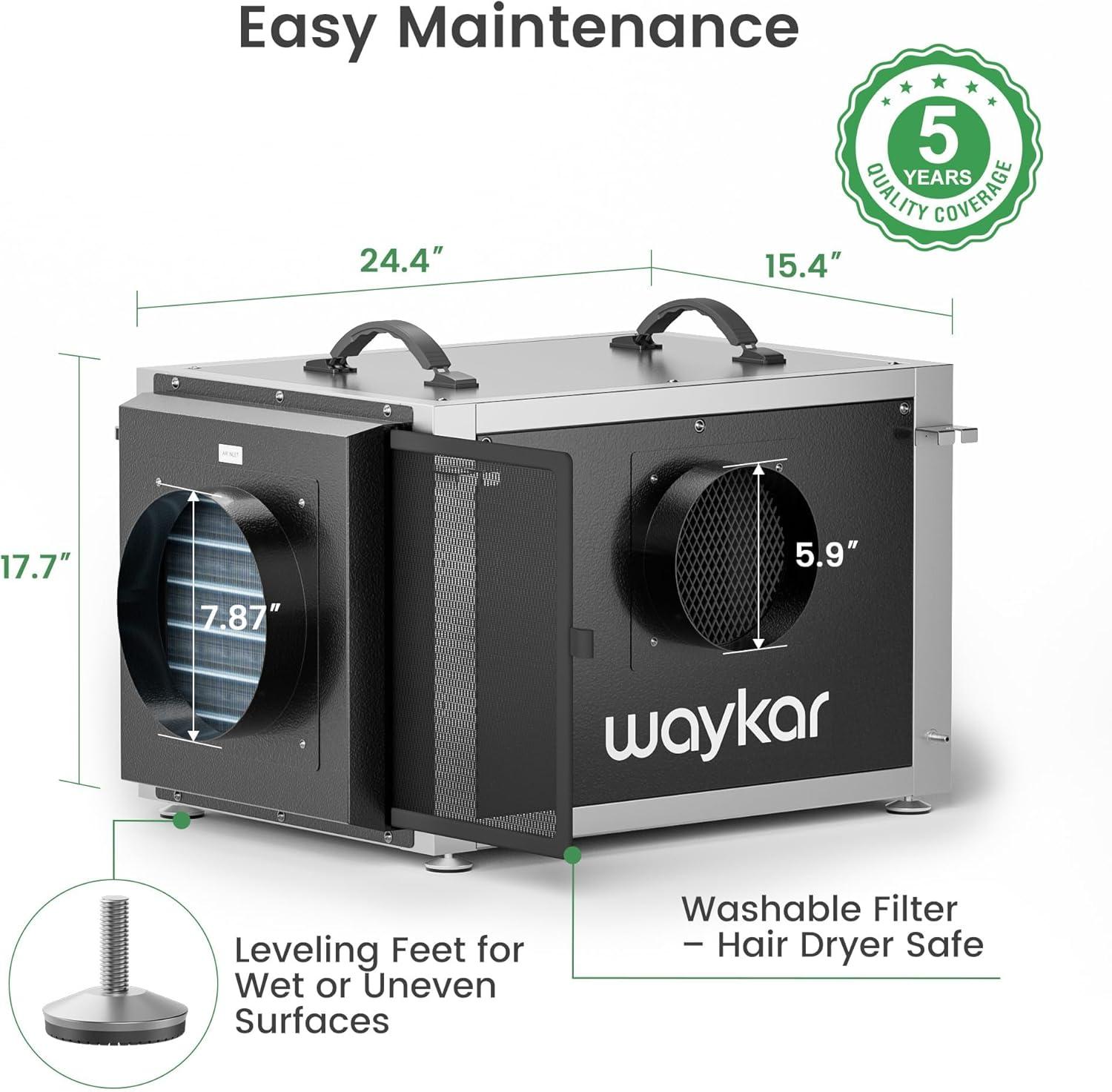 image:imageWaykar 125 Pints Crawl Space Dehumidifier with Remote Control and Pump Dual Duct HVAC Commercial WholeHouse Dehumidifier for Basement Industrial Water Damage Unit 5Year Quality Coverage7500 Sq Ft 158 Pints Pump