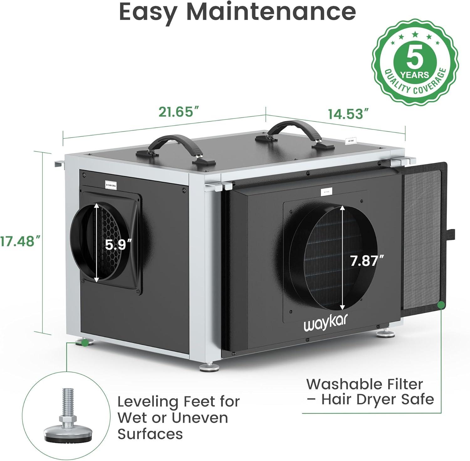image:imageWaykar 125 Pints Crawl Space Dehumidifier with Remote Control and Pump Dual Duct HVAC Commercial WholeHouse Dehumidifier for Basement Industrial Water Damage Unit 5Year Quality Coverage6500 Sq Ft 125 Pints Pump
