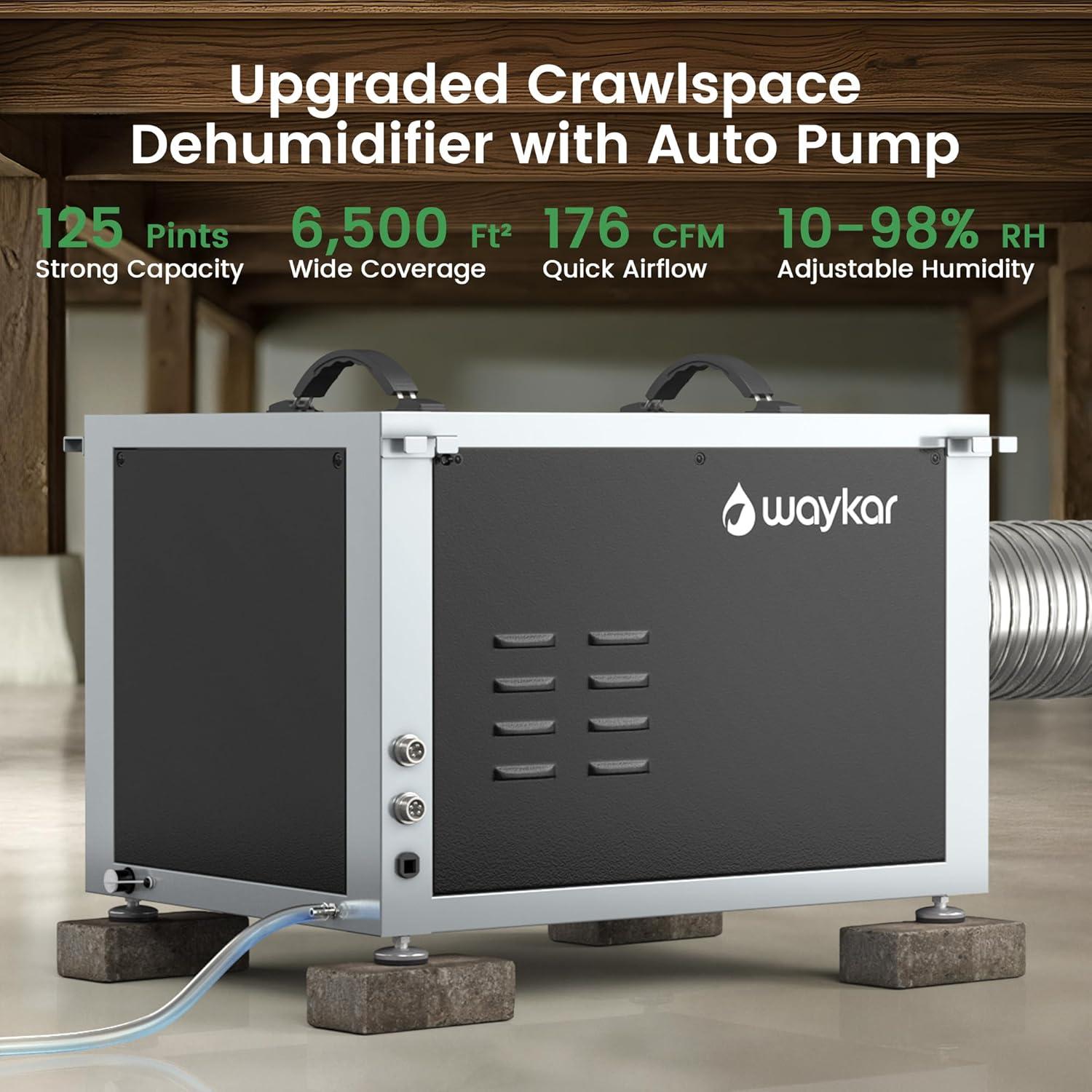 image:imageWaykar 125 Pints Crawl Space Dehumidifier with Remote Control and Pump Dual Duct HVAC Commercial WholeHouse Dehumidifier for Basement Industrial Water Damage Unit 5Year Quality Coverage6500 Sq Ft 125 Pints Pump