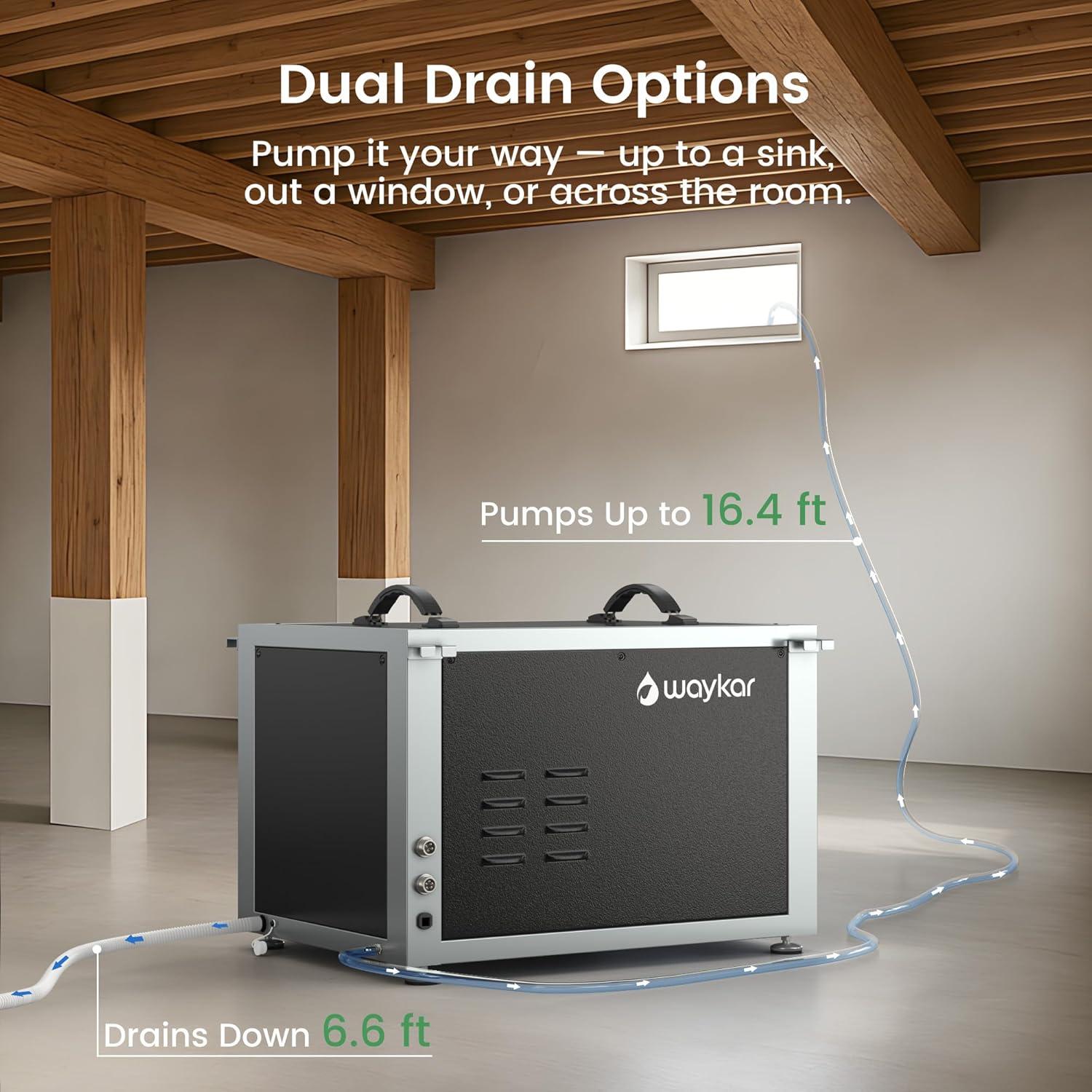 image:imageWaykar 125 Pints Crawl Space Dehumidifier with Remote Control and Pump Dual Duct HVAC Commercial WholeHouse Dehumidifier for Basement Industrial Water Damage Unit 5Year Quality Coverage6500 Sq Ft 125 Pints Pump